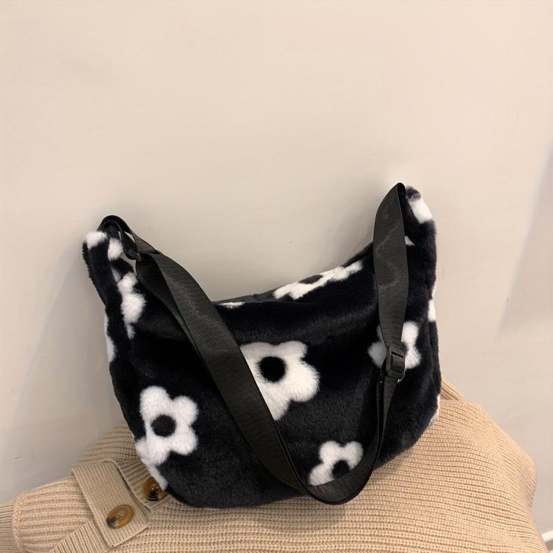 Flower Graphic Fuzzy Shoulder Bag Crossbody Bag