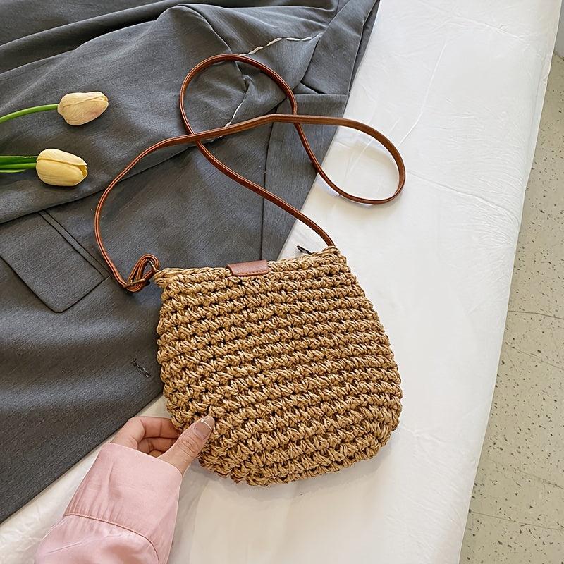 Boho Straw Crossbody Bag Summer Woven Beach Bag Retro Style Shoulder Bag