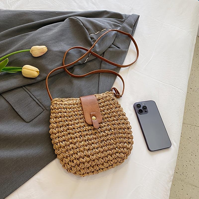 Boho Straw Crossbody Bag Summer Woven Beach Bag Retro Style Shoulder Bag