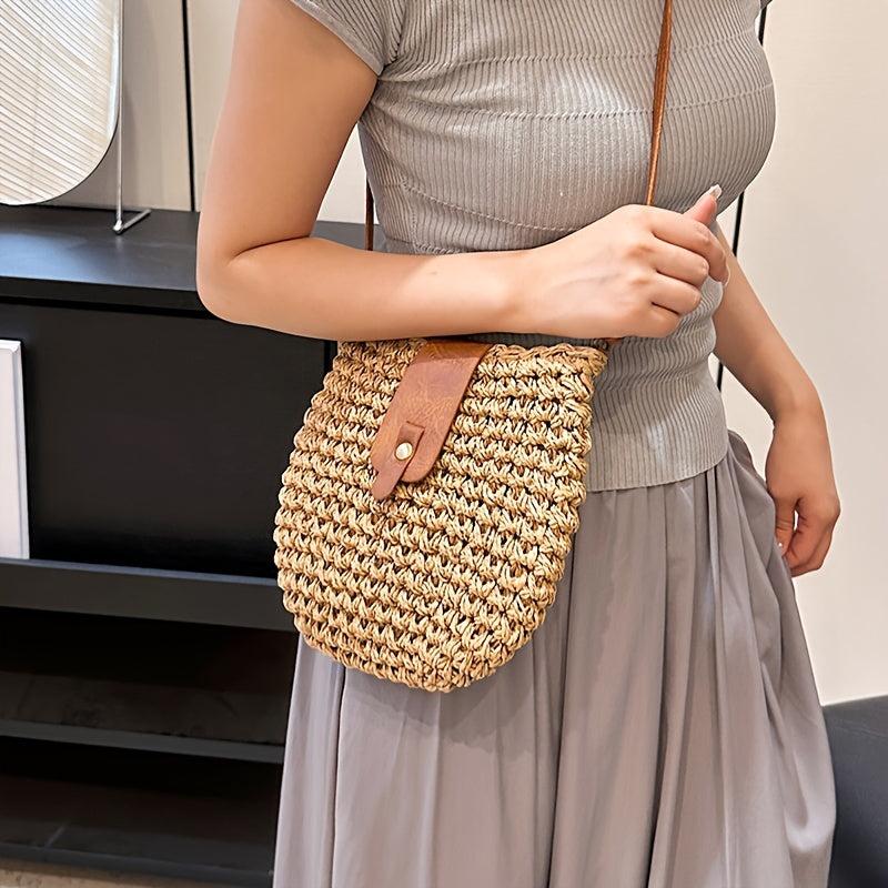 Boho Straw Crossbody Bag Summer Woven Beach Bag Retro Style Shoulder Bag