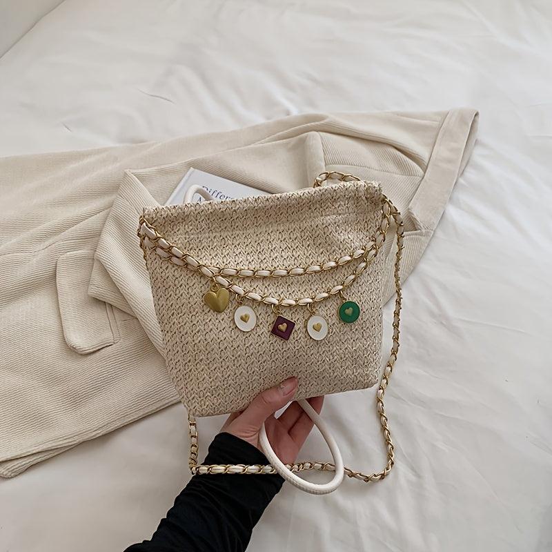 Bohemian Straw Crossbody Bag Tassel Chain Shoulder Bucket Purse