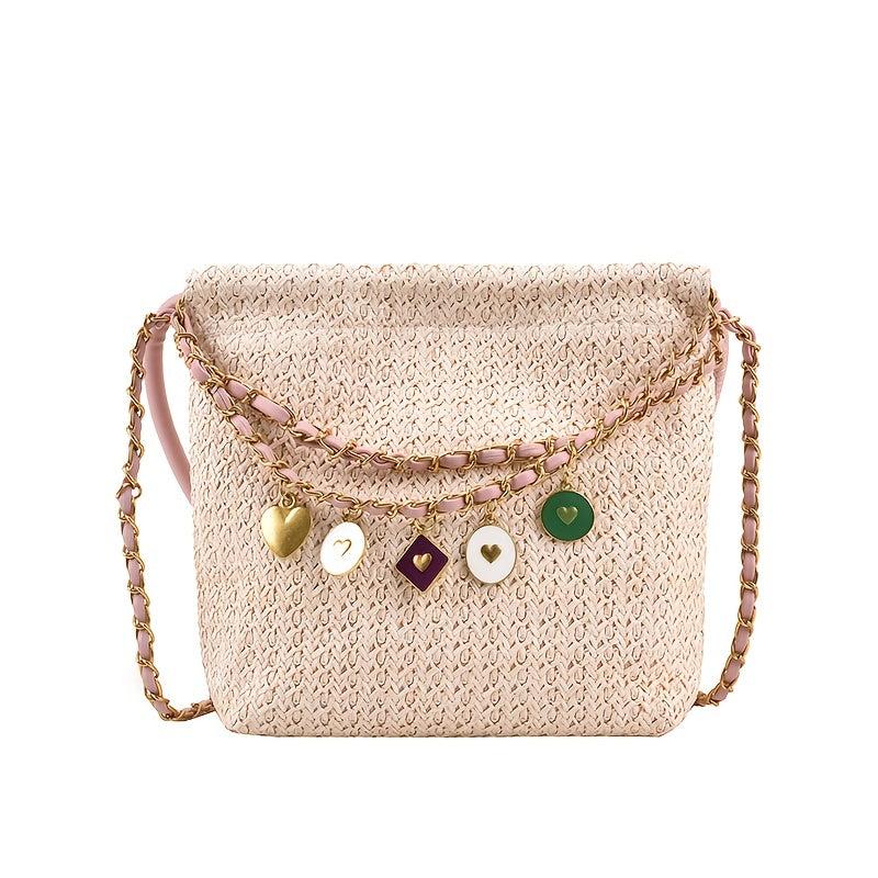 Bohemian Straw Crossbody Bag Tassel Chain Shoulder Bucket Purse