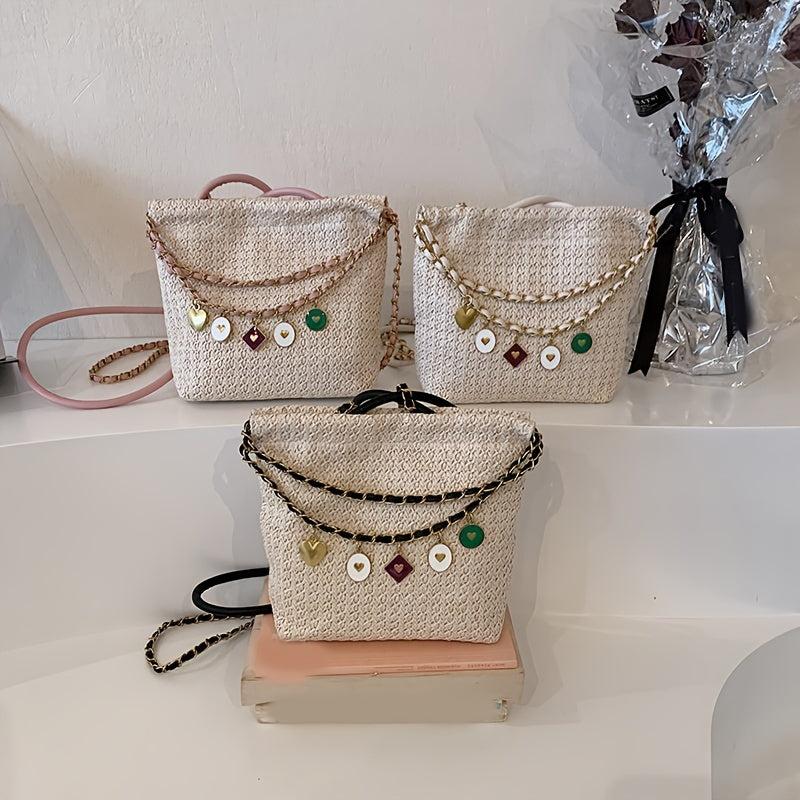 Bohemian Straw Crossbody Bag Tassel Chain Shoulder Bucket Purse