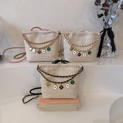 Bohemian Straw Crossbody Bag Tassel Chain Shoulder Bucket Purse