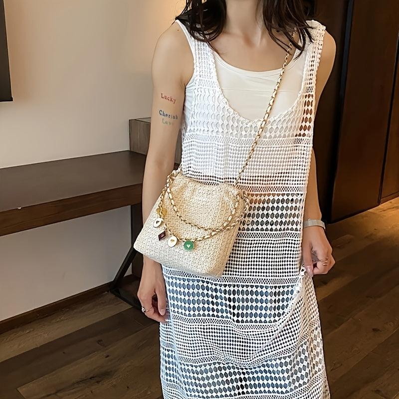 Bohemian Straw Crossbody Bag Tassel Chain Shoulder Bucket Purse