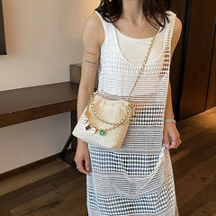 Bohemian Straw Crossbody Bag Tassel Chain Shoulder Bucket Purse