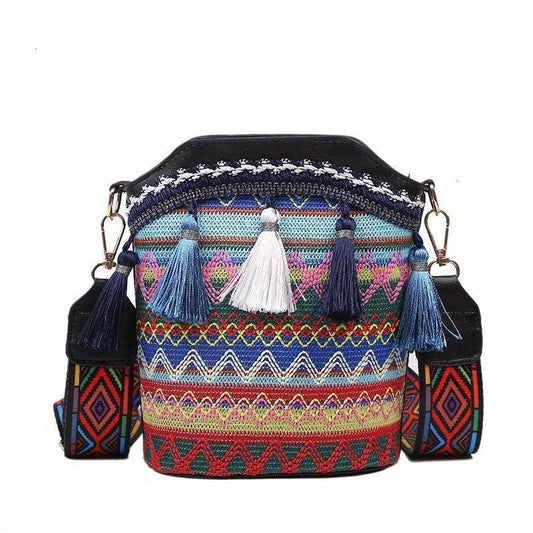 Vintage Ethnic Shoulder Bag Tassel Decor Crossbody Bag Zipper Purse Bucket Bag
