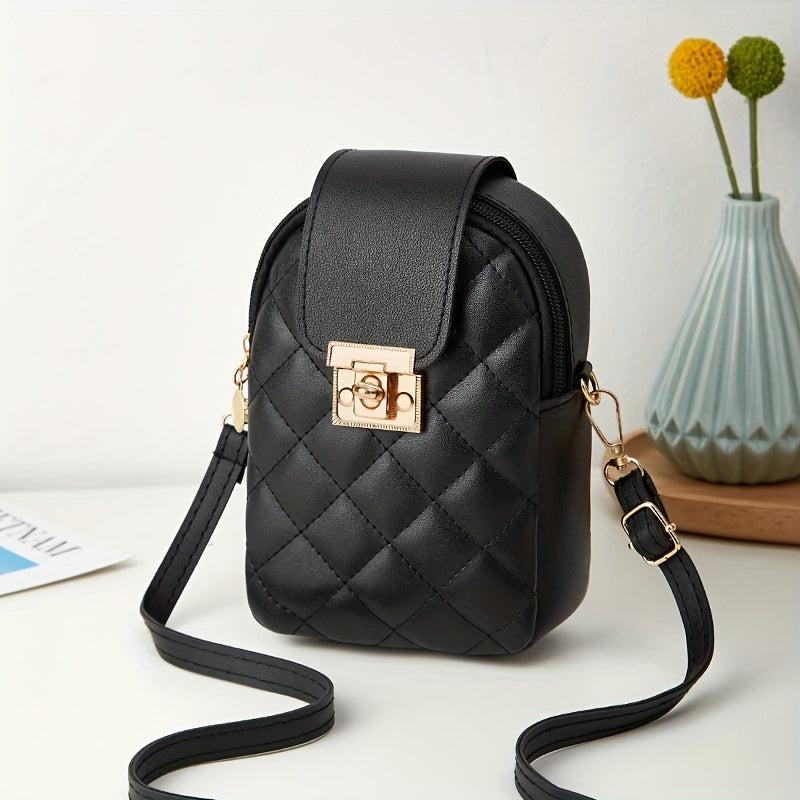 Quilted Crossbody Bag Casual PU Leather Phone Storage Bag & Card Organizer
