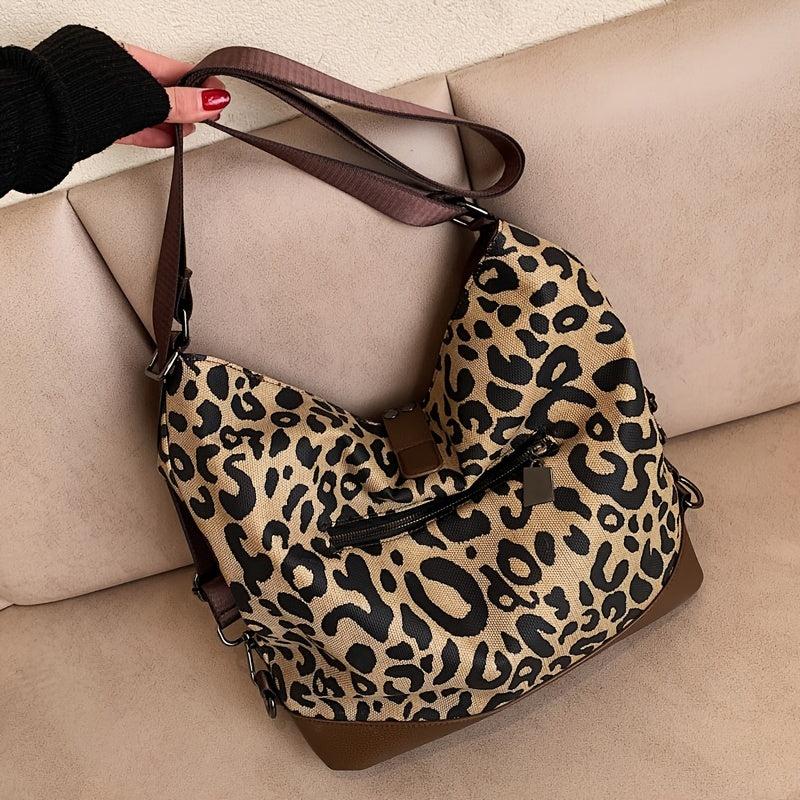 Leopard Print Crossbody Bag Large Capacity Shoulder Bag With Rivet Decor