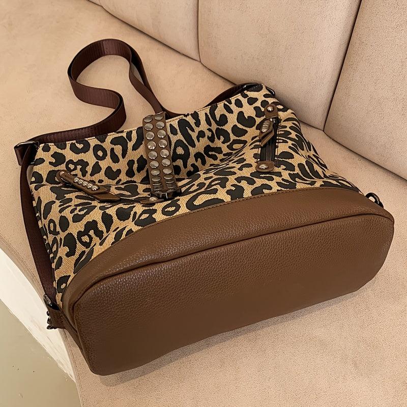 Leopard Print Crossbody Bag Large Capacity Shoulder Bag With Rivet Decor