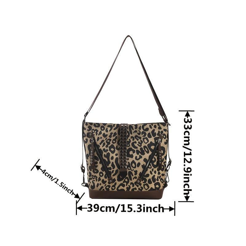Leopard Print Crossbody Bag Large Capacity Shoulder Bag With Rivet Decor