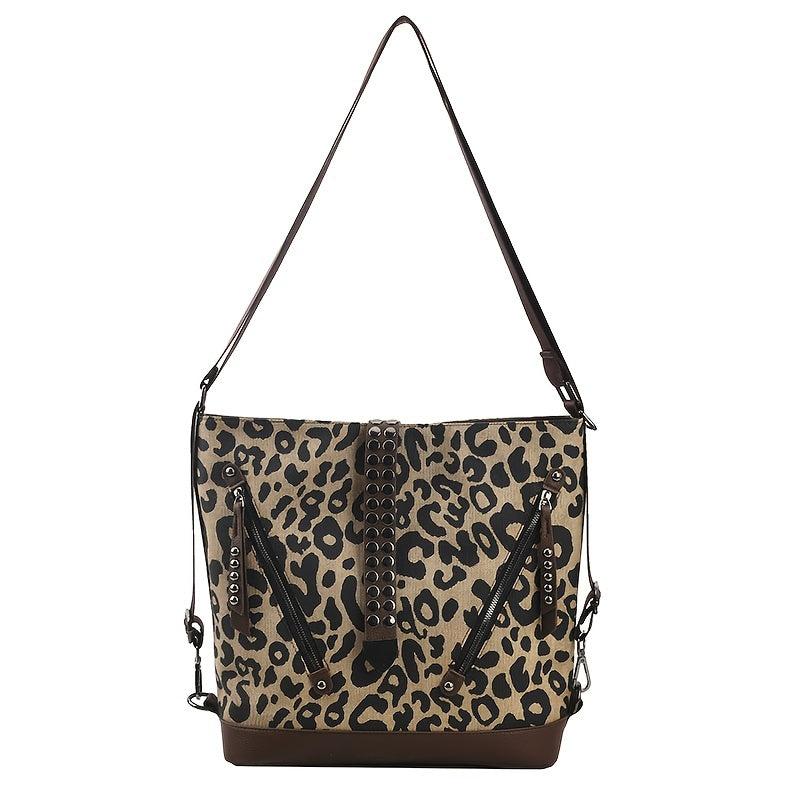 Leopard Print Crossbody Bag Large Capacity Shoulder Bag With Rivet Decor