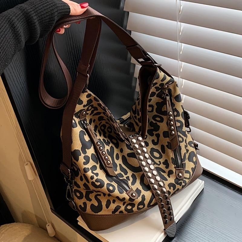 Leopard Print Crossbody Bag Large Capacity Shoulder Bag With Rivet Decor