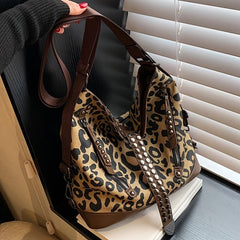 Leopard Print Crossbody Bag Large Capacity Shoulder Bag With Rivet Decor