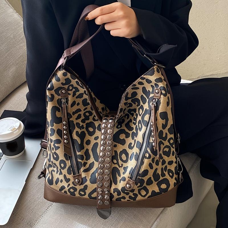 Leopard Print Crossbody Bag Large Capacity Shoulder Bag With Rivet Decor