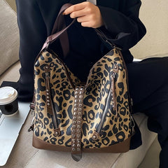 Leopard Print Crossbody Bag Large Capacity Shoulder Bag With Rivet Decor