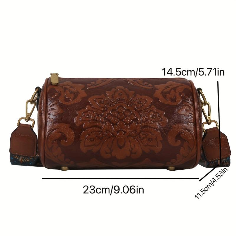 Floral Embossed Retro Style Shoulder Bag PU Leather Zipper Crossbody Bag