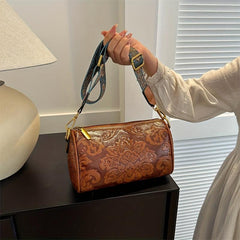 Floral Embossed Retro Style Shoulder Bag PU Leather Zipper Crossbody Bag