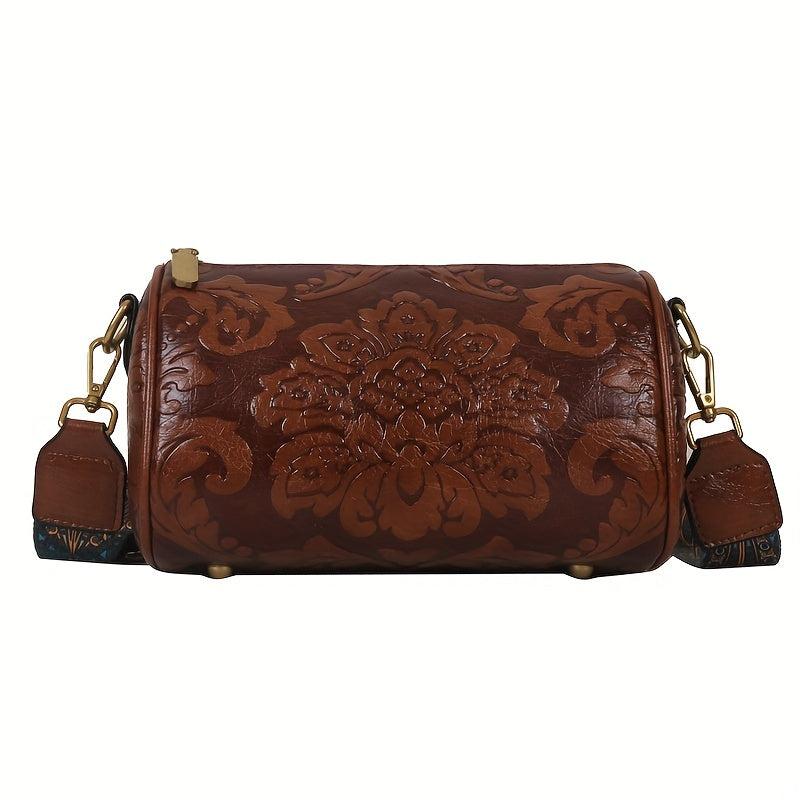 Floral Embossed Retro Style Shoulder Bag PU Leather Zipper Crossbody Bag