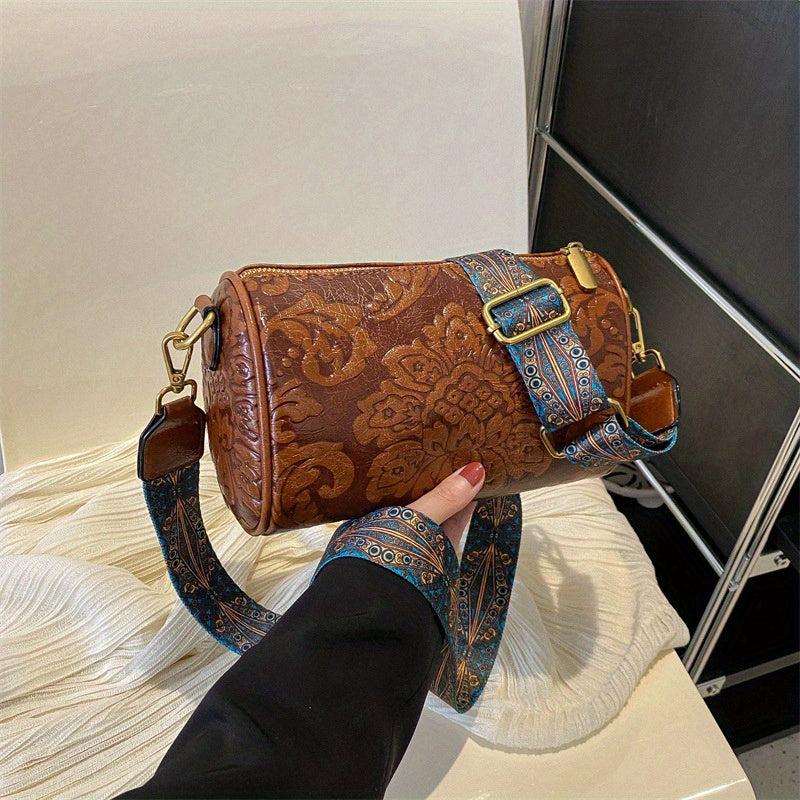 Floral Embossed Retro Style Shoulder Bag PU Leather Zipper Crossbody Bag