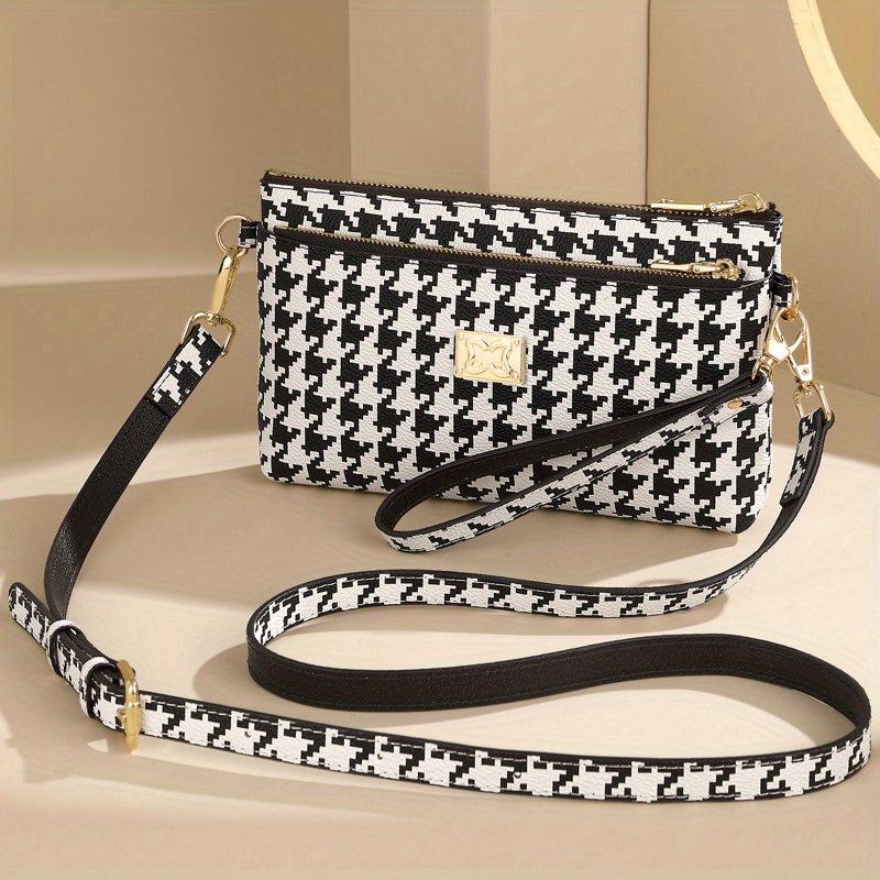 Houndstooth Crossbody Bag Clutch Wallet Zipper Wrist Purse