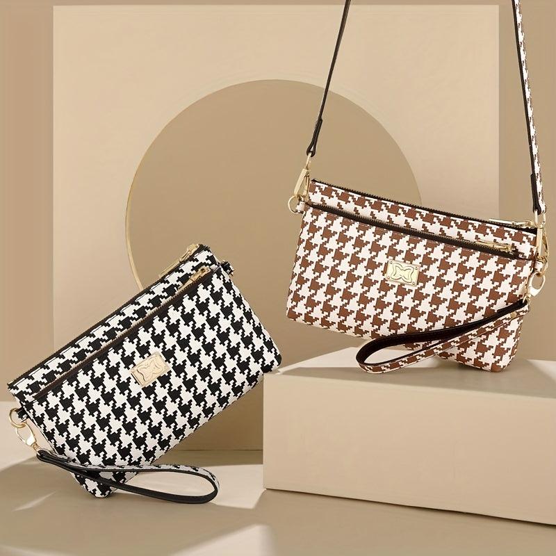 Houndstooth Crossbody Bag Clutch Wallet Zipper Wrist Purse