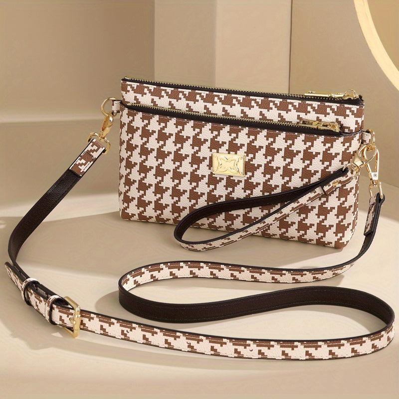 Houndstooth Crossbody Bag Clutch Wallet Zipper Wrist Purse
