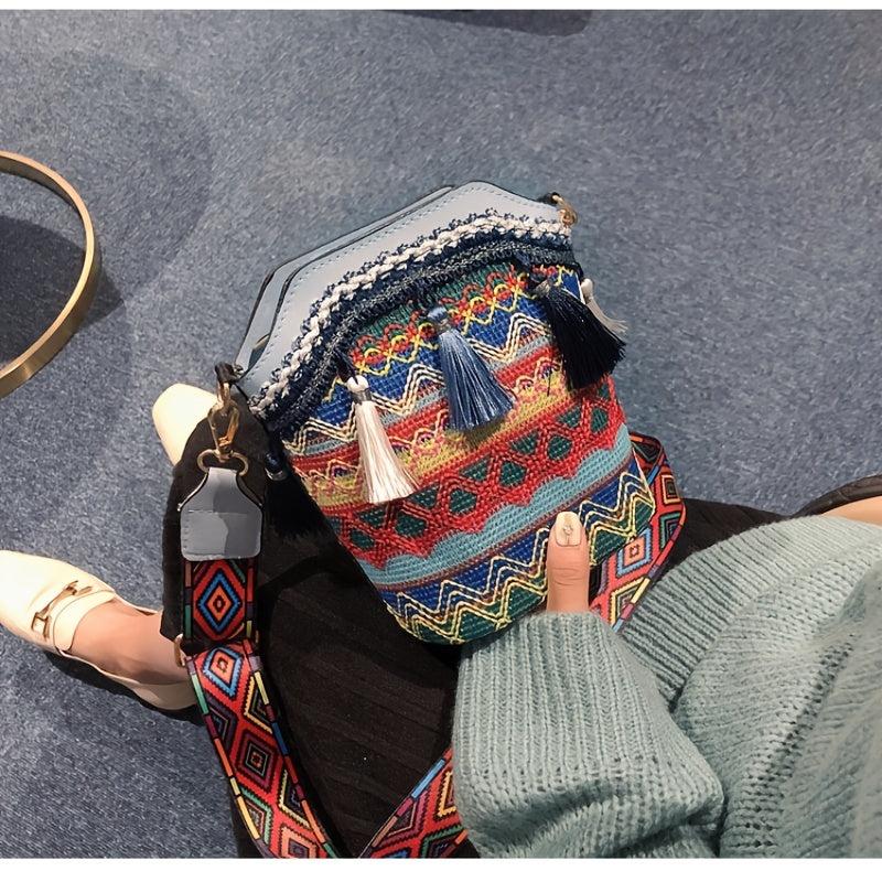 Geometric Pattern Bucket Bag with Tassel Crossbody Shoulder Bag