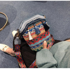 Geometric Pattern Bucket Bag with Tassel Crossbody Shoulder Bag
