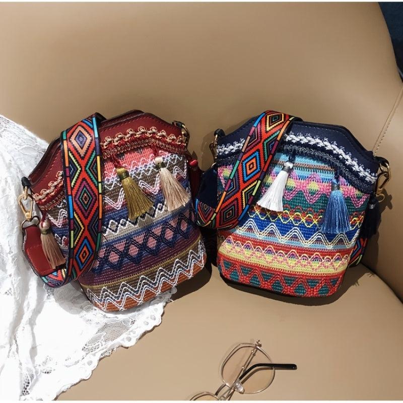 Geometric Pattern Bucket Bag with Tassel Crossbody Shoulder Bag
