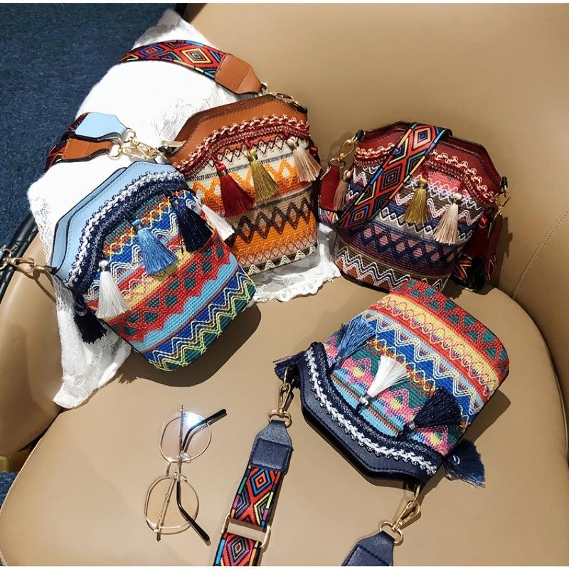 Geometric Pattern Bucket Bag with Tassel Crossbody Shoulder Bag
