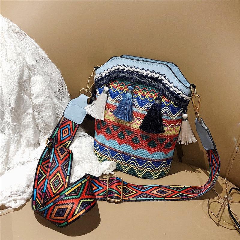 Geometric Pattern Bucket Bag with Tassel Crossbody Shoulder Bag