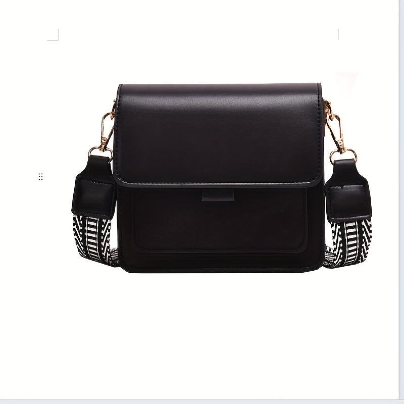 Minimalist Square Shoulder Bag with Wide Geometric Pattern Strap