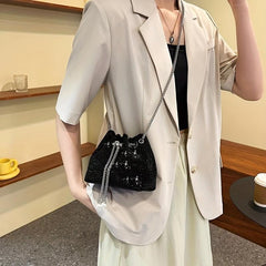 Rhinestone Bucket Bag with Metal Chain