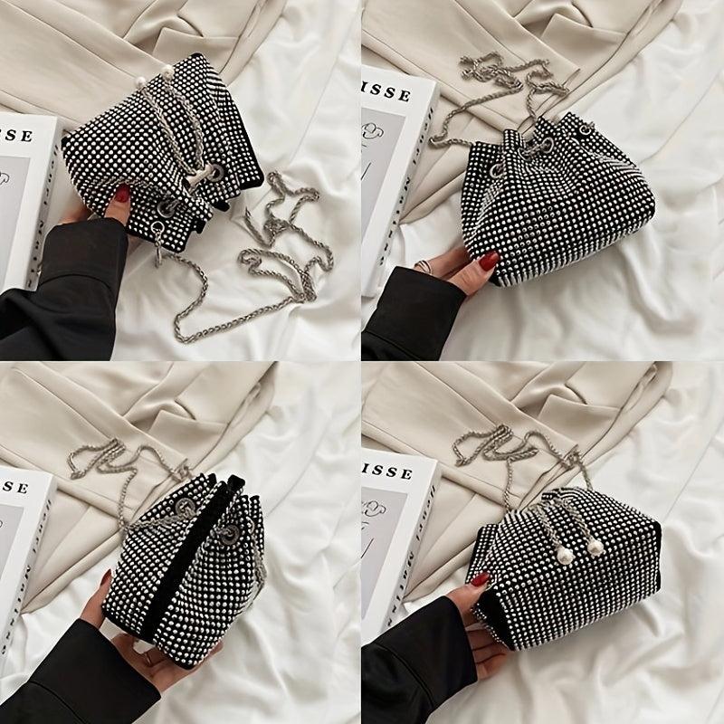 Rhinestone Bucket Bag with Metal Chain