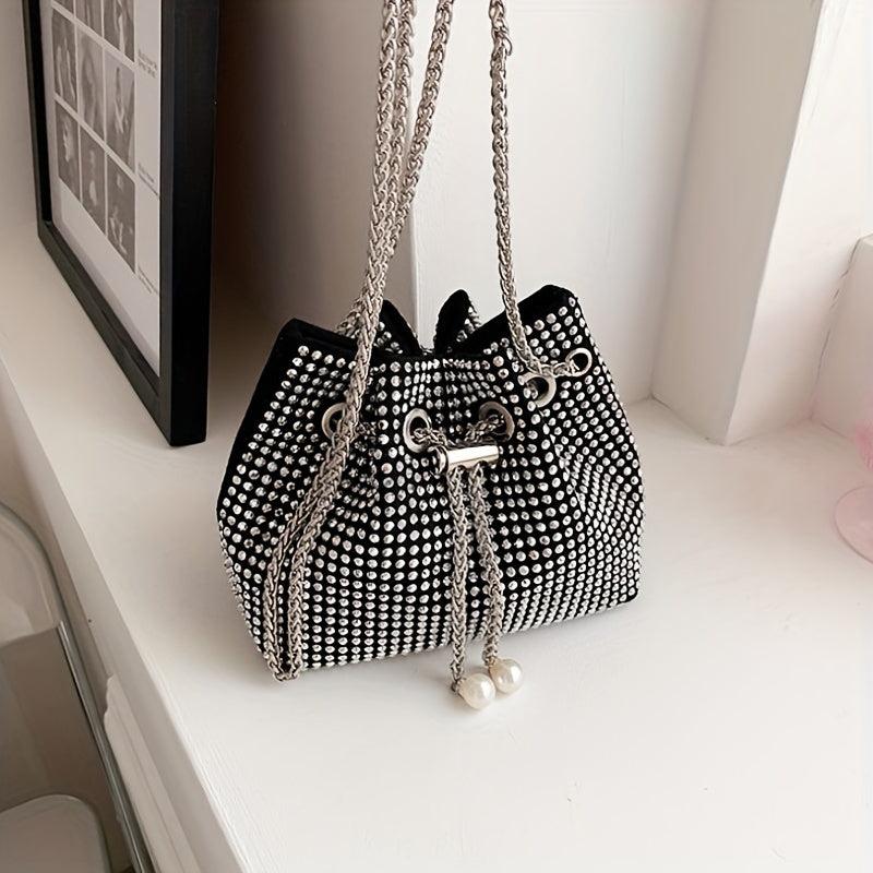 Rhinestone Bucket Bag with Metal Chain