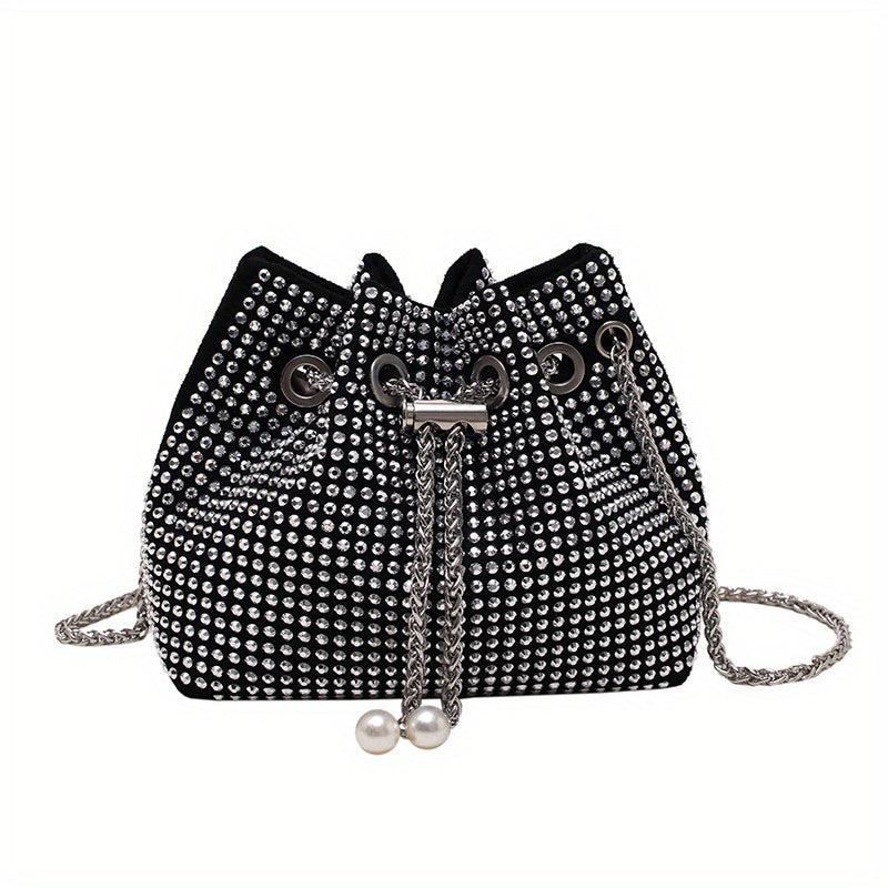Rhinestone Bucket Bag with Metal Chain