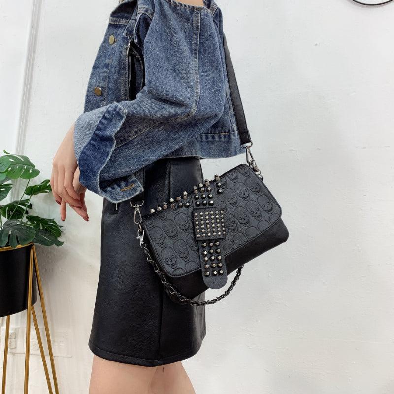 Gothic Studded Crossbody Bag Skull Pattern Shoulder Bag Chain Purse