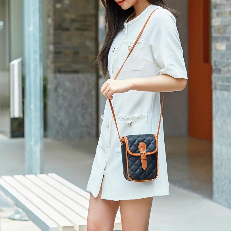 Quilted Crossbody Bag PU Leather Phone Storage Card Organizer