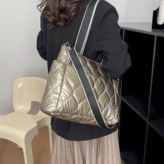 Puffer Quilted Tote Bag Large Capacity Crossbody Bag Metallic