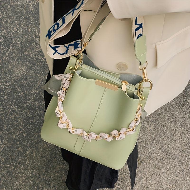 Solid Bucket Bag Women's Chain Decor Crossbody Bag