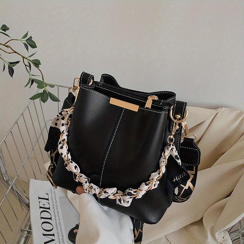 Solid Bucket Bag Women's Chain Decor Crossbody Bag