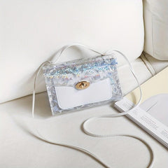 Glitter Transparent Square Bag Flap Satchel Coin Purse Crossbody Bag