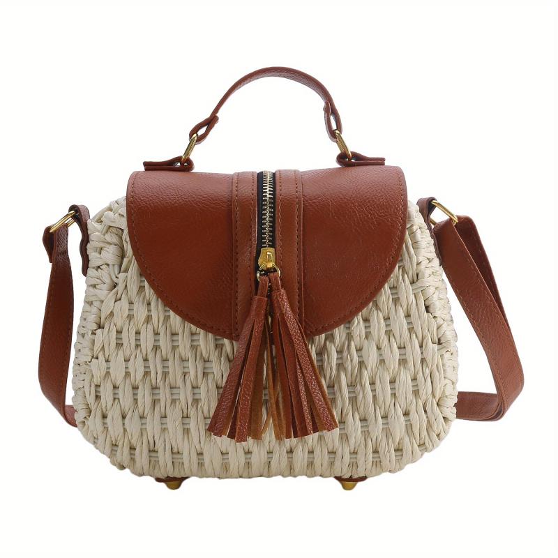 Straw Woven Crossbody Bag Boho Style Tassel Handbag