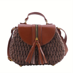 Straw Woven Crossbody Bag Boho Style Tassel Handbag