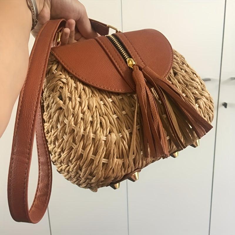 Straw Woven Crossbody Bag Boho Style Tassel Handbag