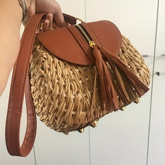Straw Woven Crossbody Bag Boho Style Tassel Handbag