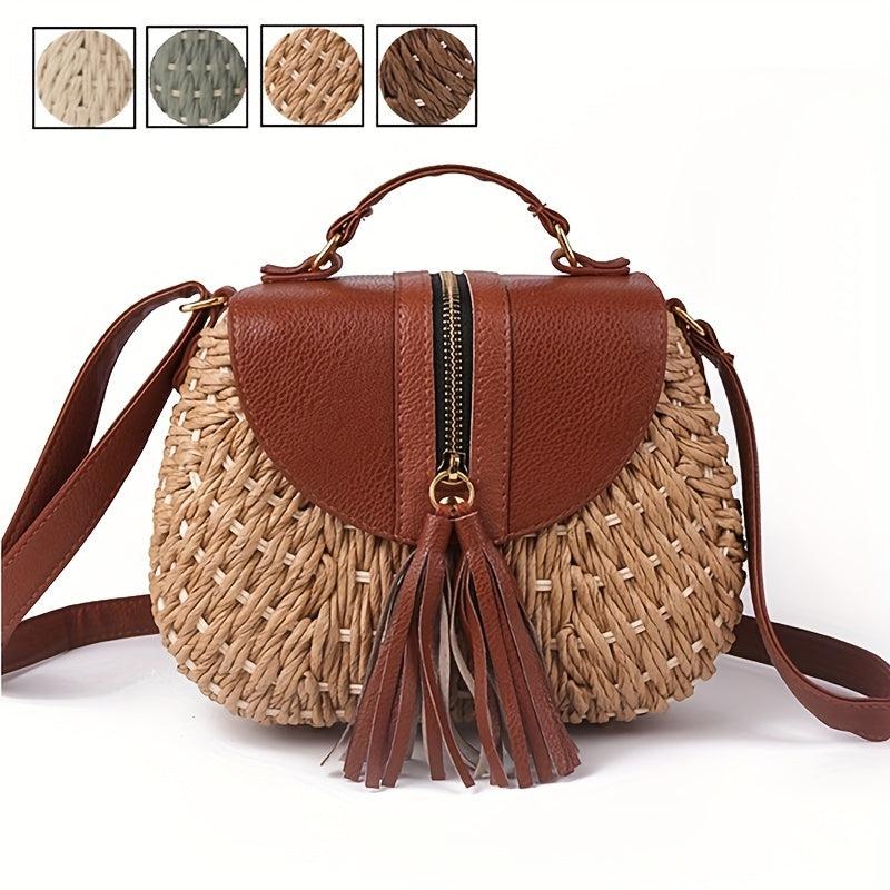 Straw Woven Crossbody Bag Boho Style Tassel Handbag
