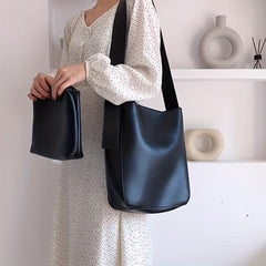 Solid Shoulder Bag 2pcs Bucket Handbag Set PU Leather Crossbody Bag