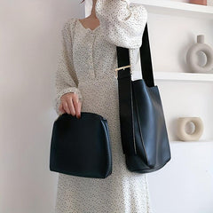 Solid Shoulder Bag 2pcs Bucket Handbag Set PU Leather Crossbody Bag